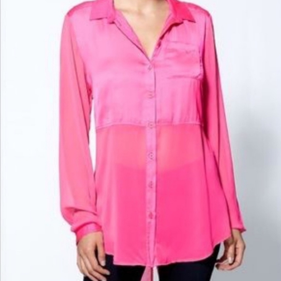 Free People Tops - Free People Best of Both Worlds Hot Pink Half Sheer Long Sleeve Button D…